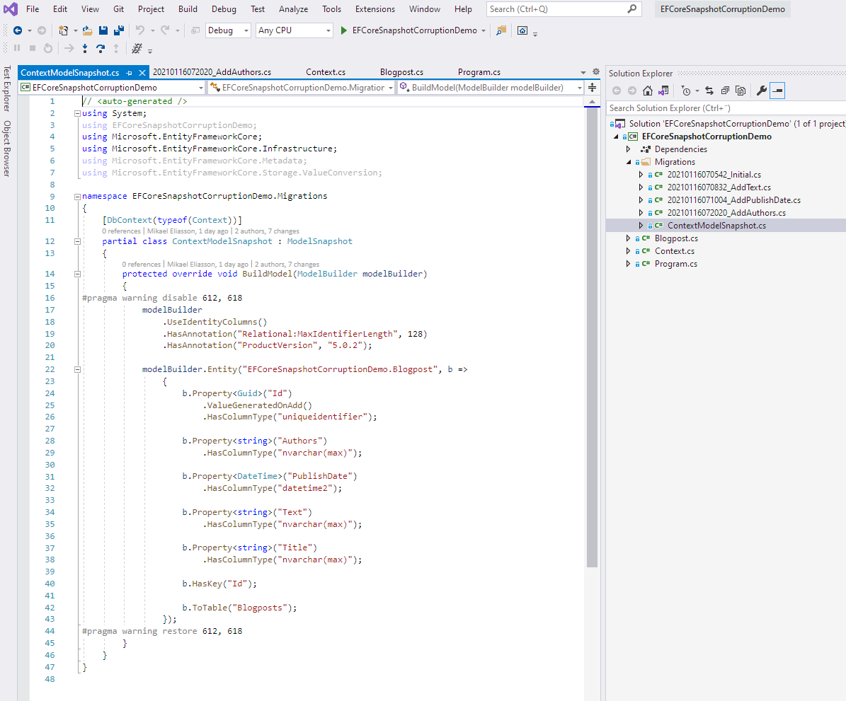 Example of EF core model snapshot